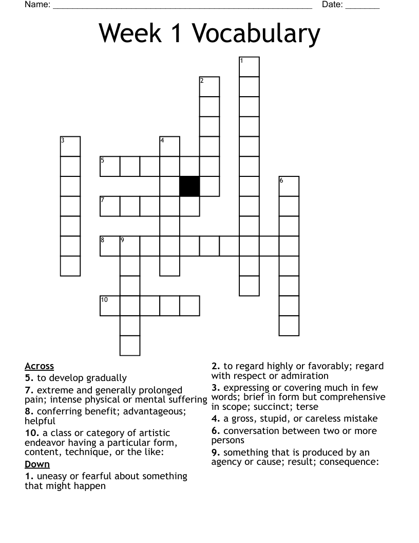 Week 1 Vocabulary Crossword