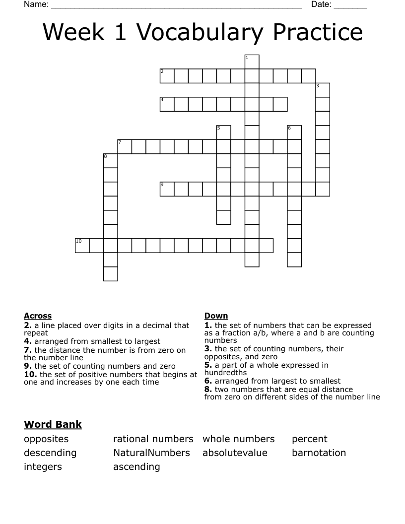 Week 1 Vocabulary Practice Crossword
