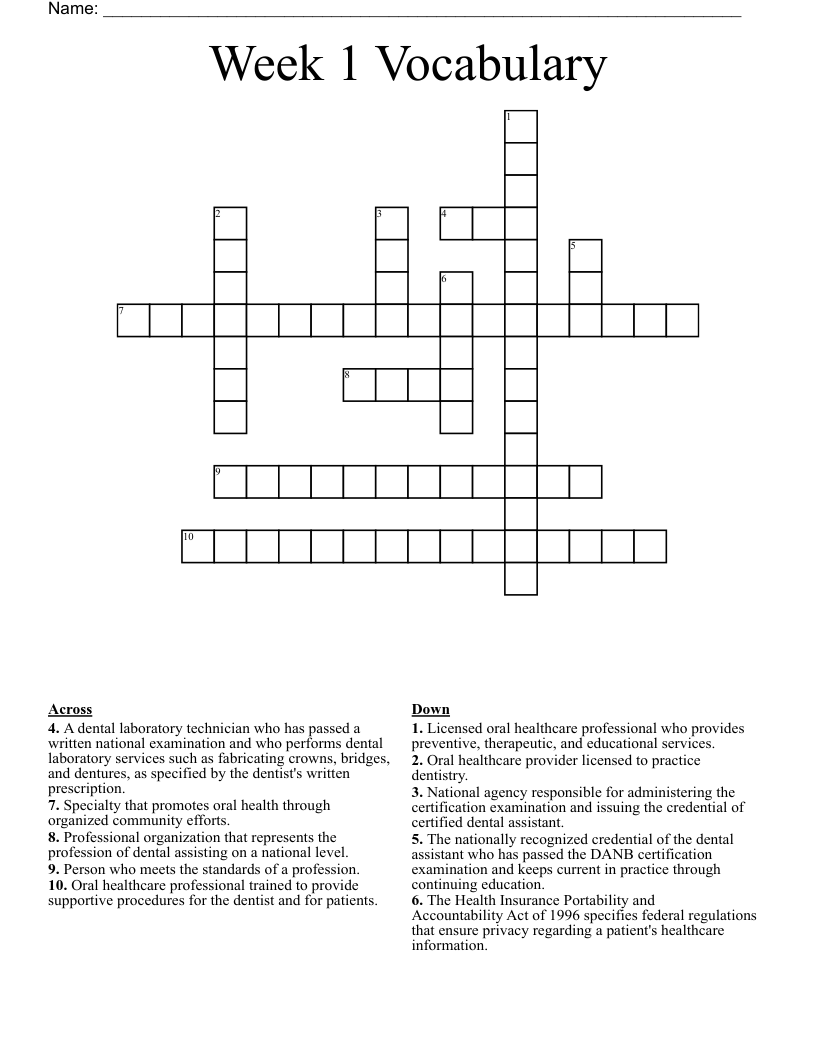 Week 1 Vocabulary  Crossword