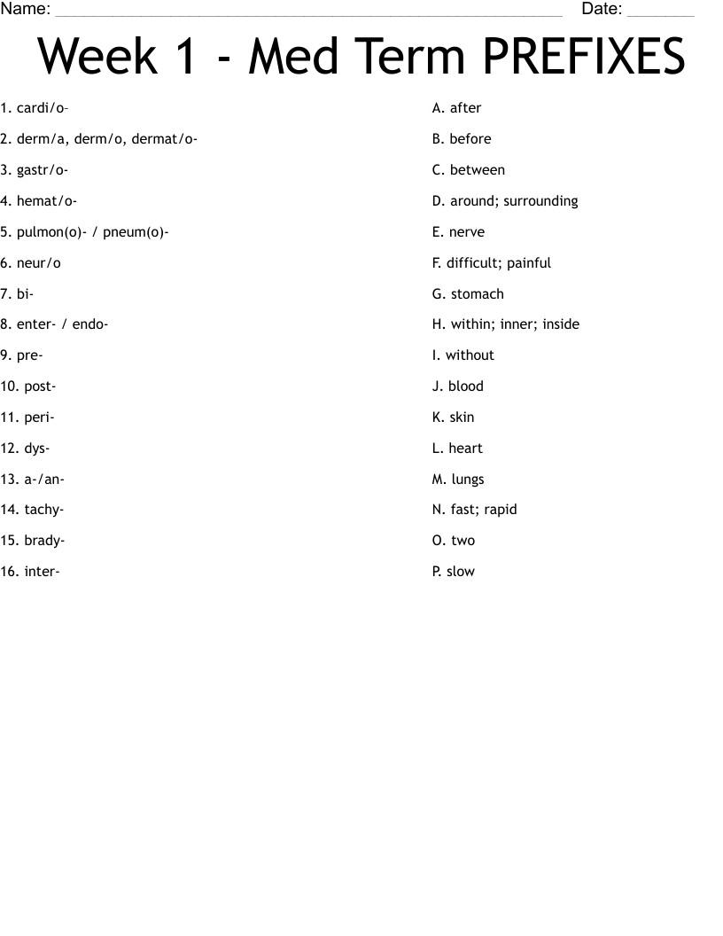 Week 1 - Med Term PREFIXES Worksheet
