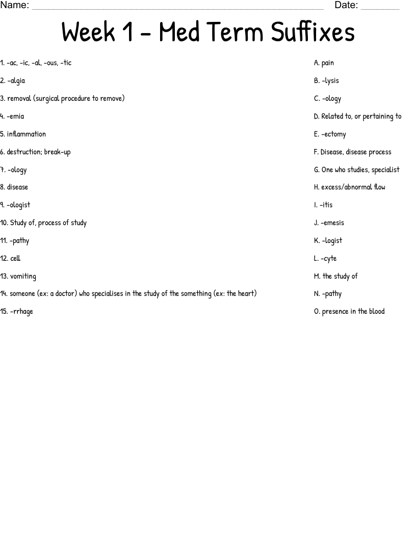 Week 1 - Med Term Suffixes Worksheet