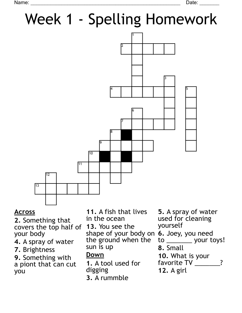 Week 1 - Spelling Homework Crossword
