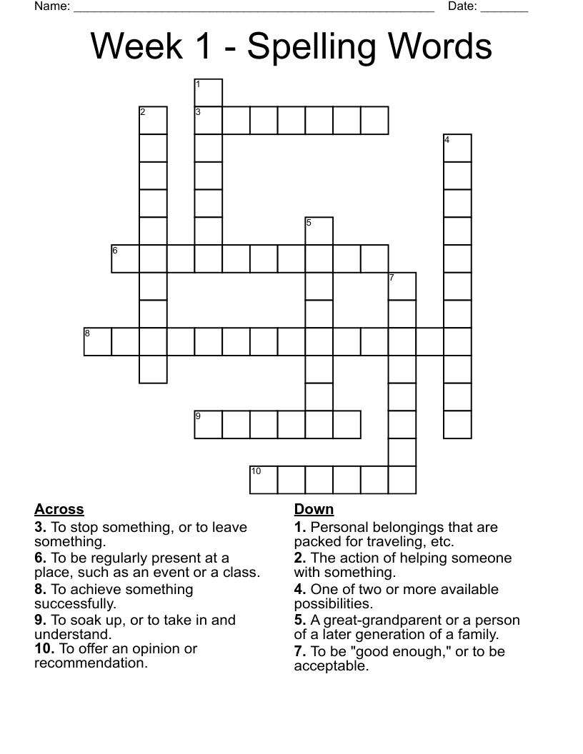 Week 1 - Spelling Words Crossword