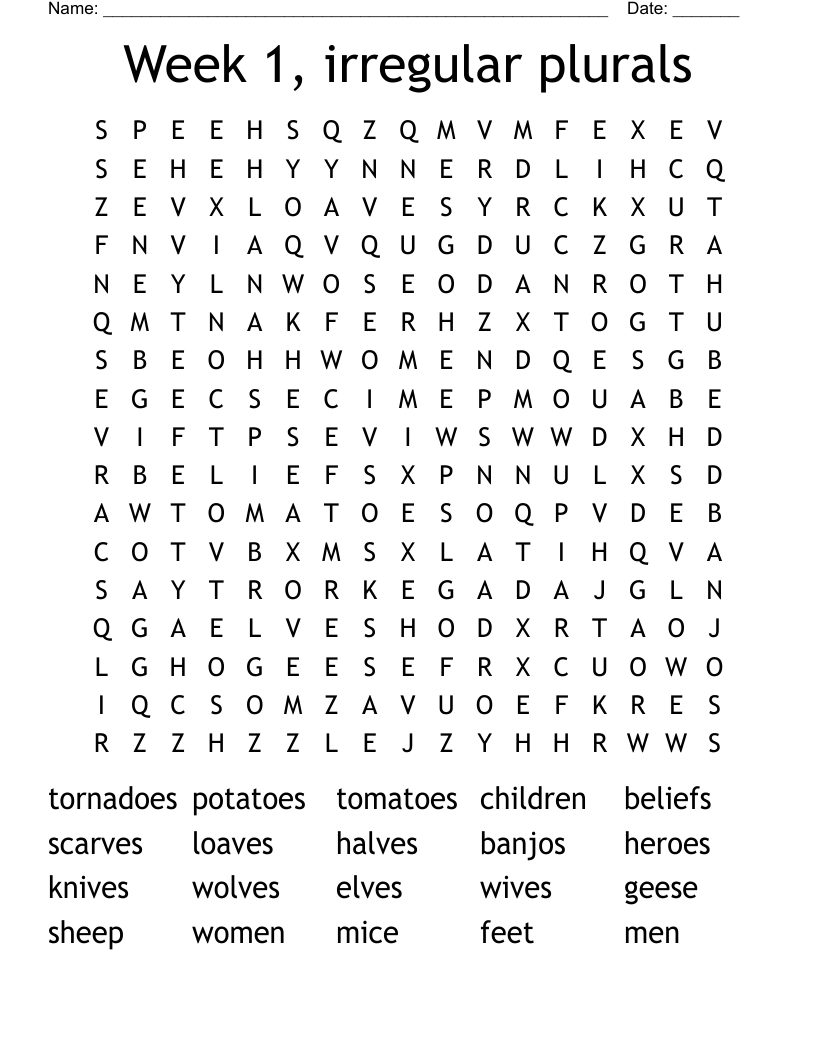 Week 1, irregular plurals Word Search