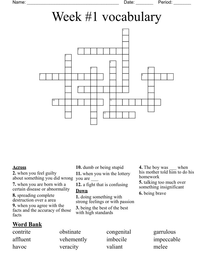 Week #1 vocabulary  Crossword