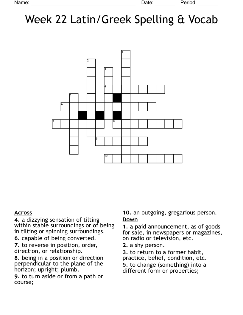 Week 22 Latin/Greek Spelling & Vocab Crossword