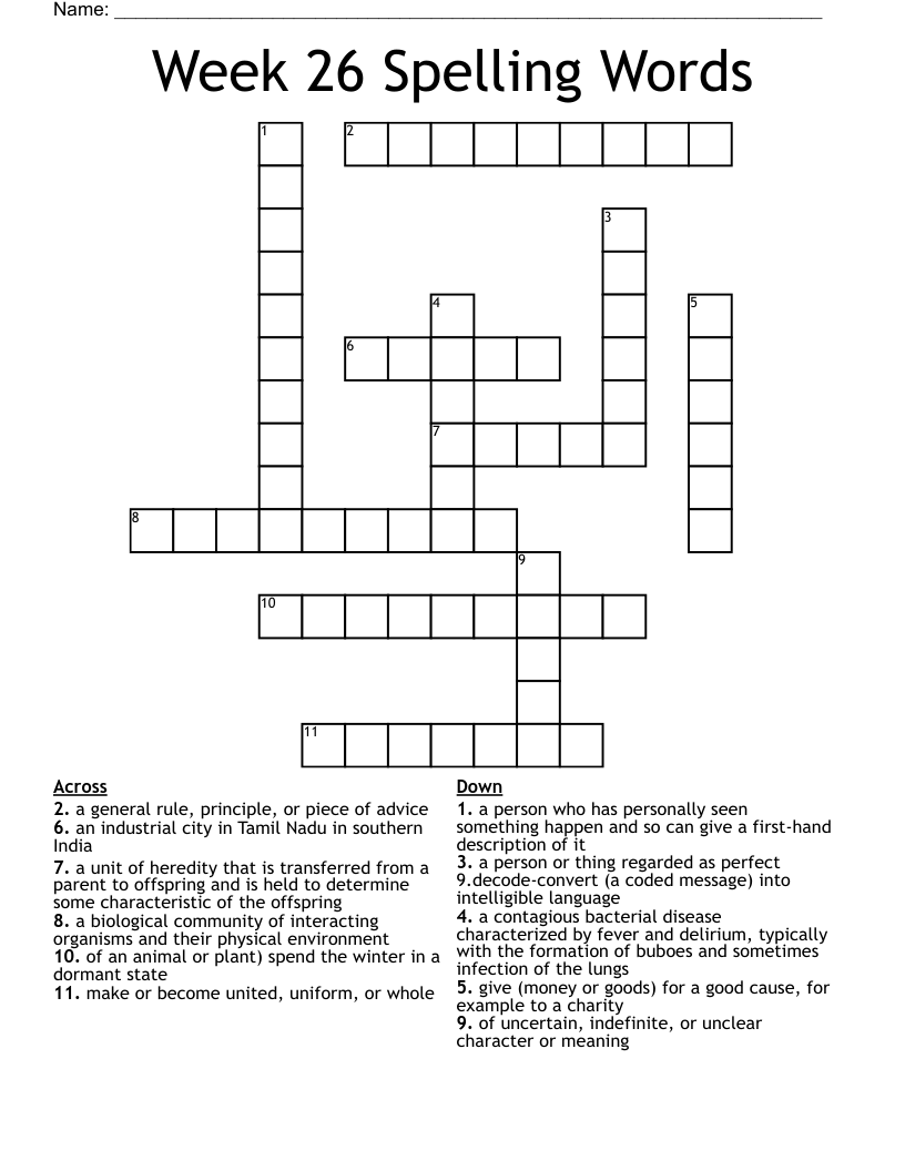 Week 26 Spelling Words Crossword
