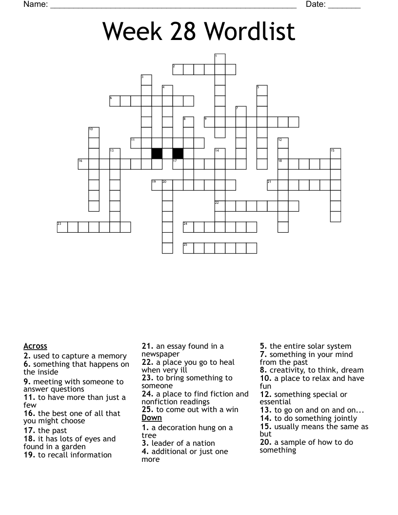 Week 28 Wordlist Crossword