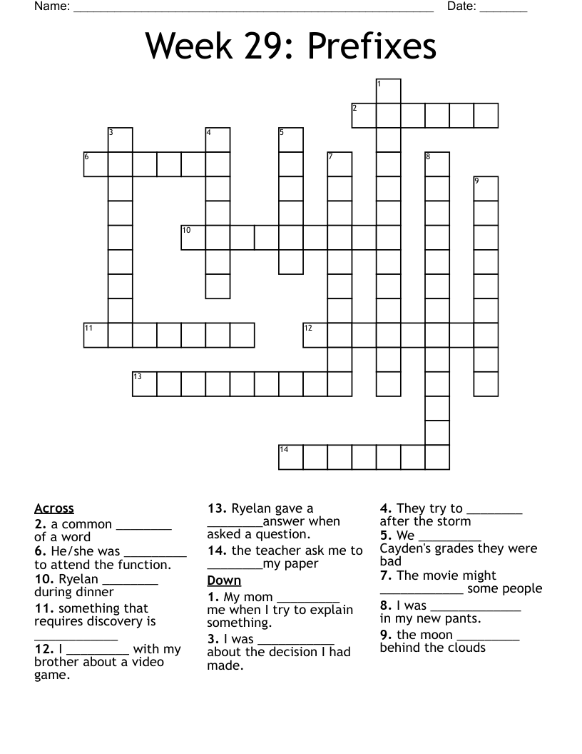 Week 29: Prefixes Crossword
