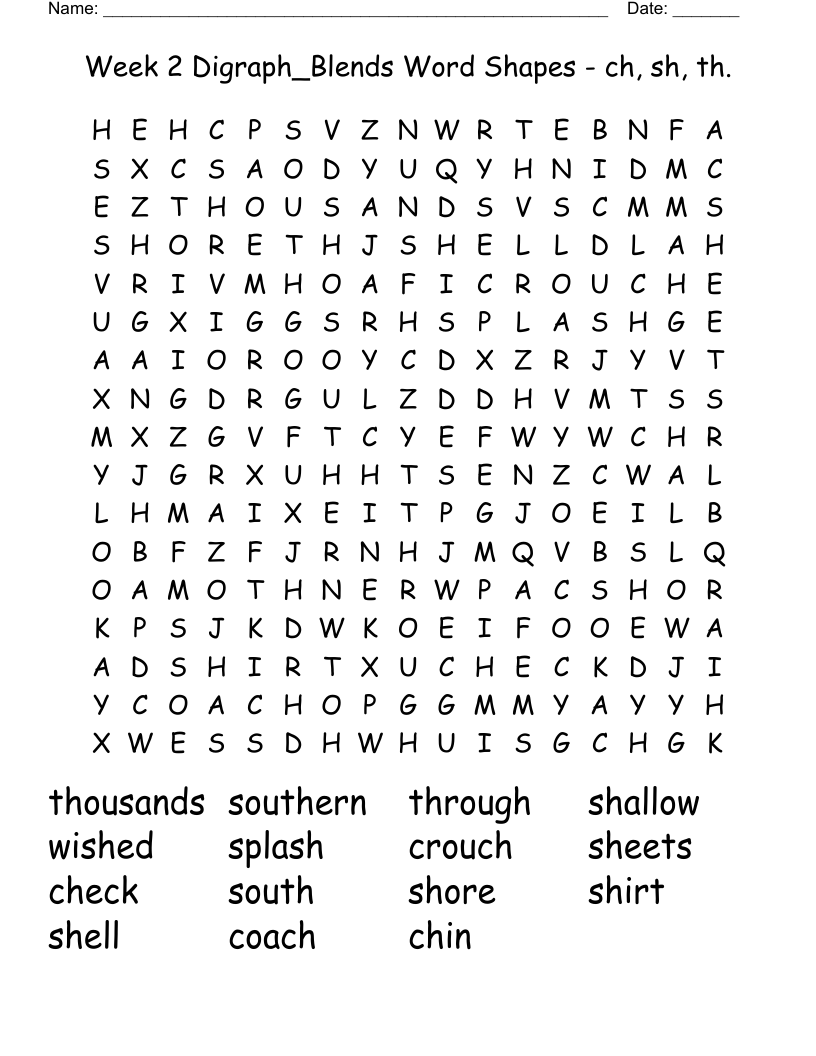Week 2 Digraph_Blends Word Shapes - ch, sh, th. Word Search