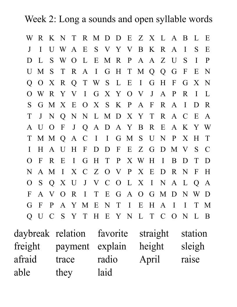 Week 2: Long a sounds and open syllable words Word Search