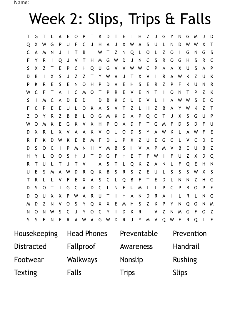 Week 2: Slips, Trips & Falls Word Search
