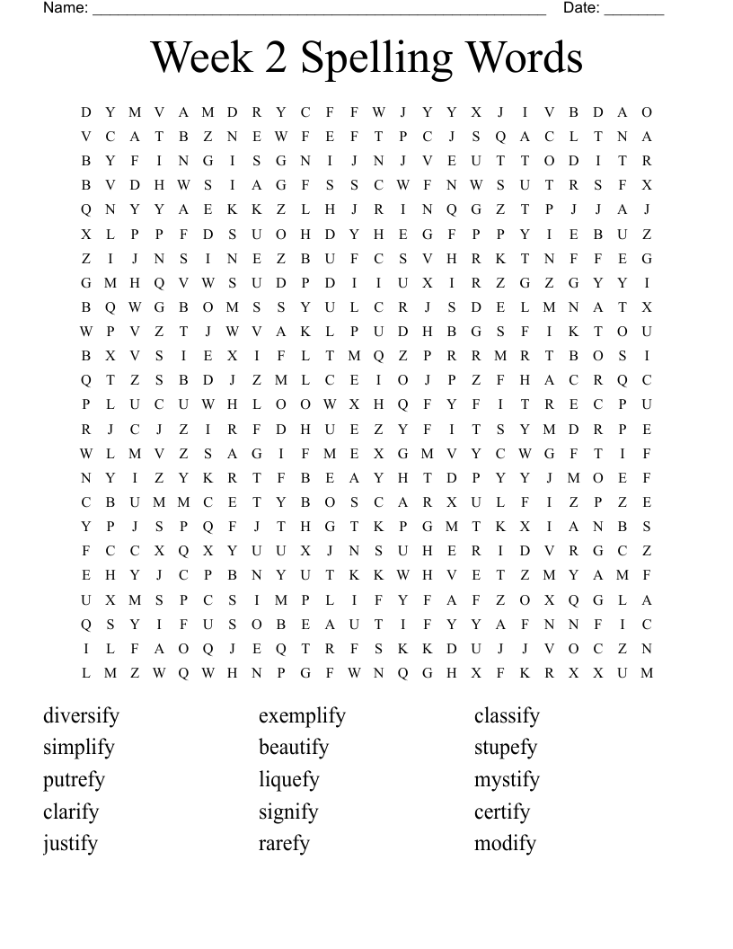 Week 2 Spelling Words Word Search