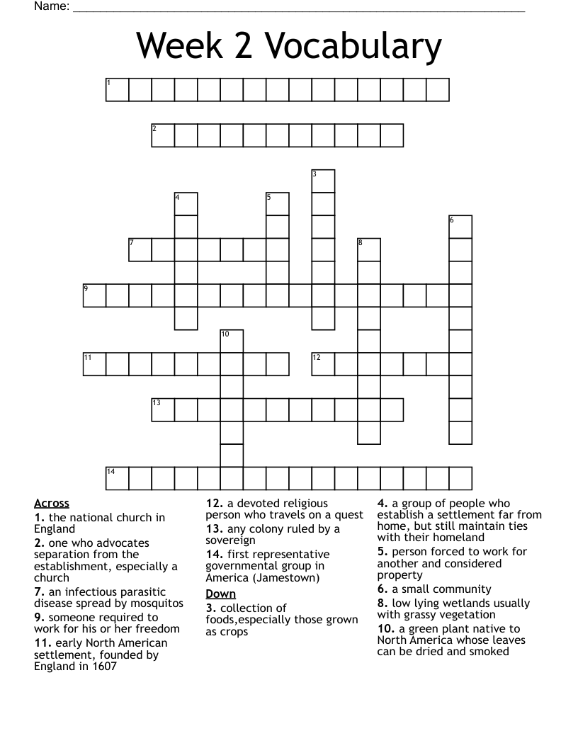 Week 2 Vocabulary Crossword