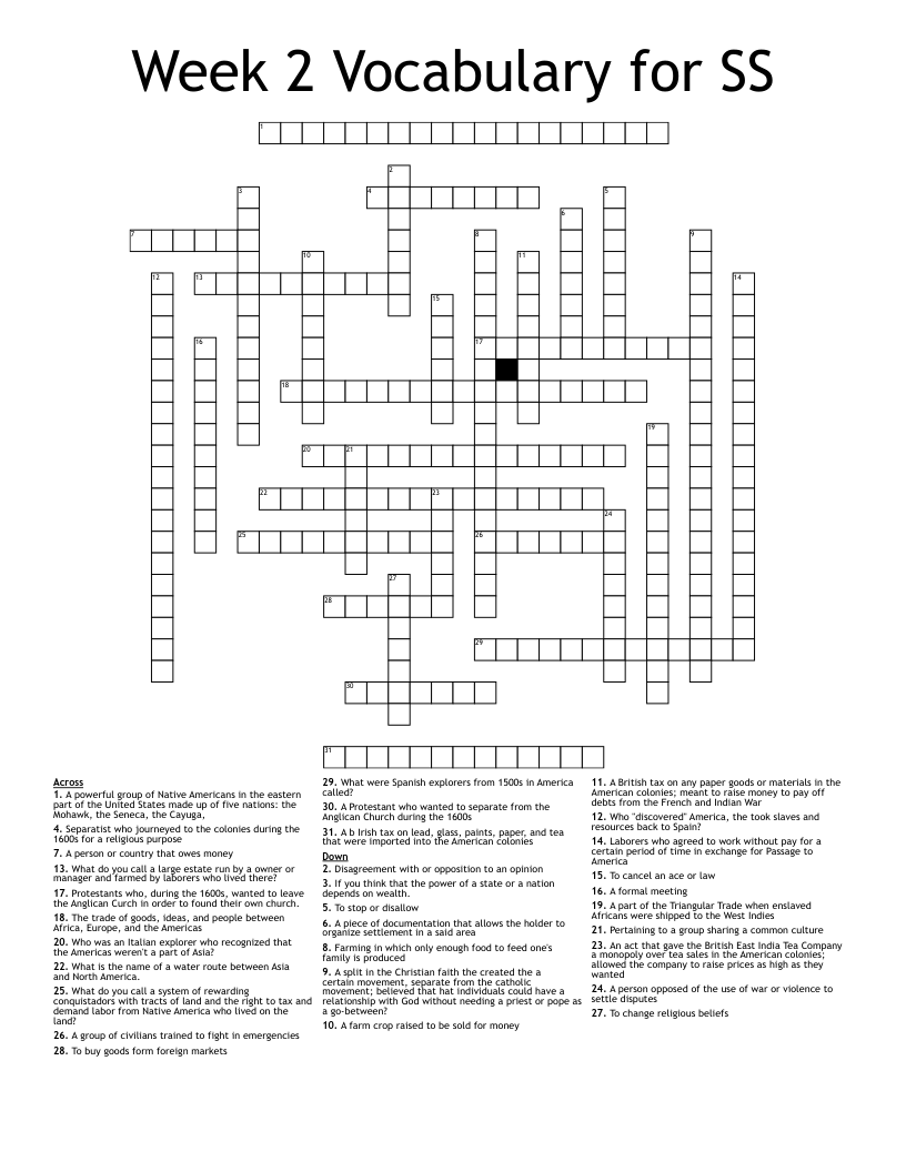 Week 2 Vocabulary for SS Crossword
