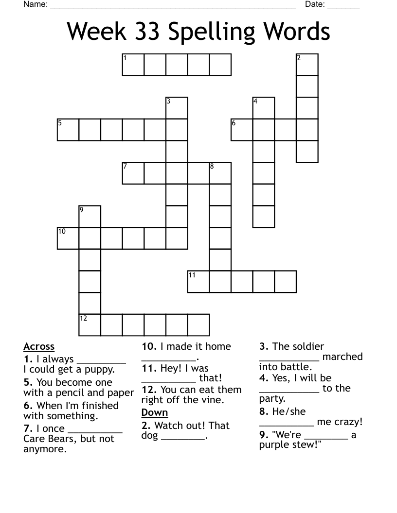Week 33 Spelling Words Crossword