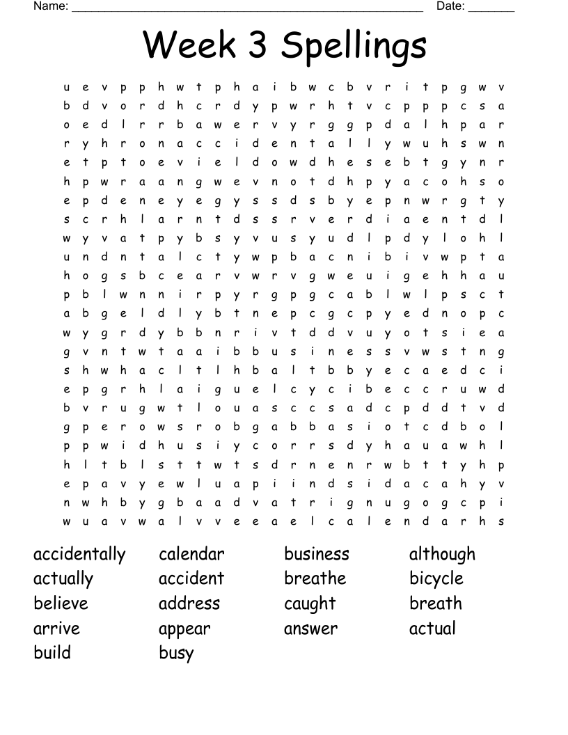 Week 3 Spellings Word Search