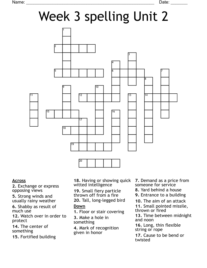 Week 3 spelling Unit 2 Crossword