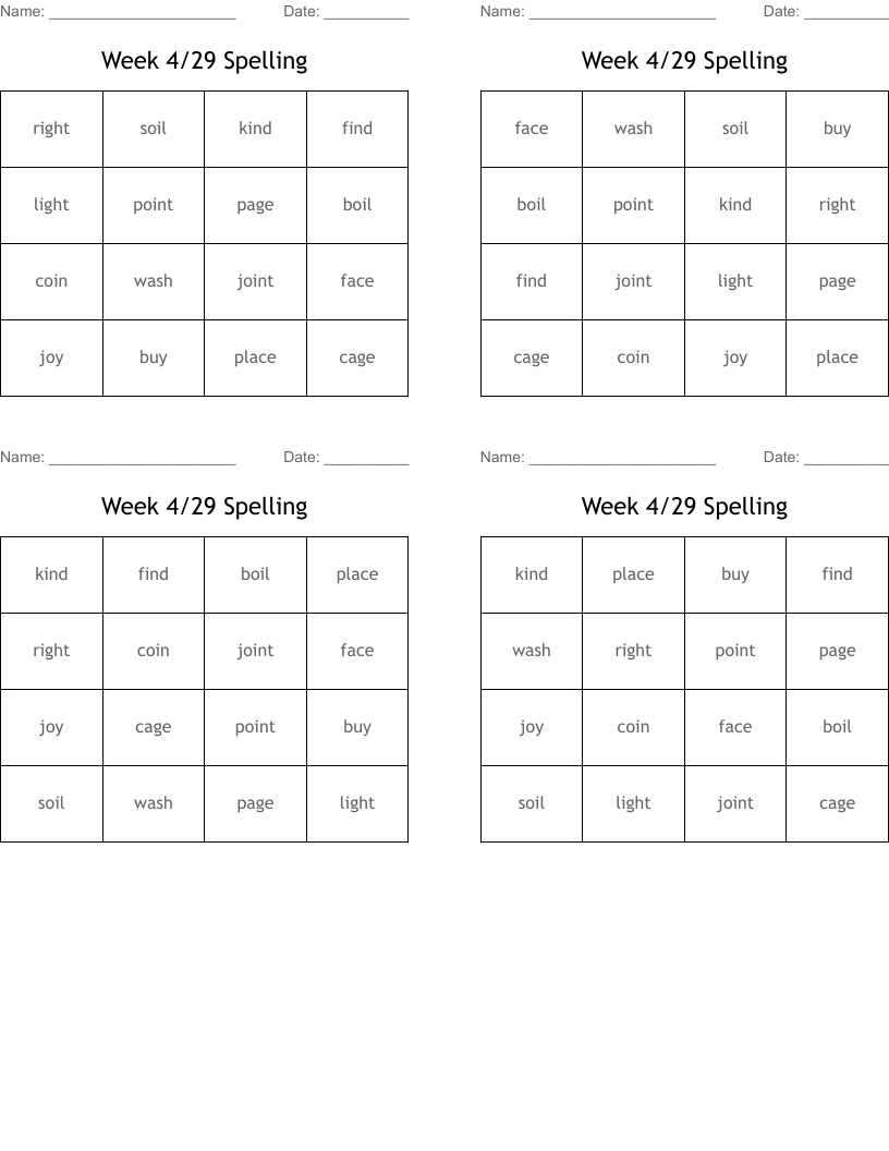 Week 4/29 Spelling Bingo Cards