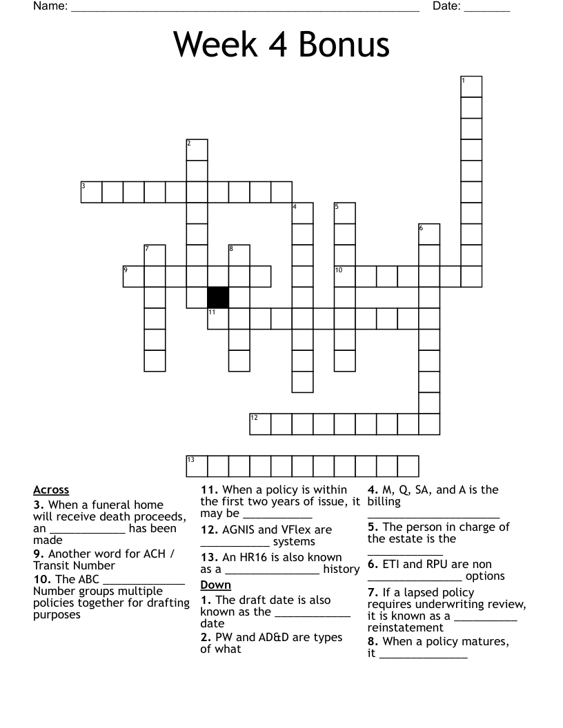 Week 4 Bonus Crossword