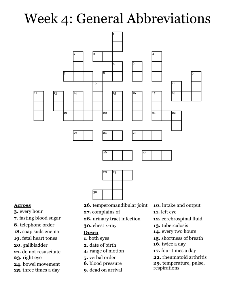 Week 4: General Abbreviations Crossword