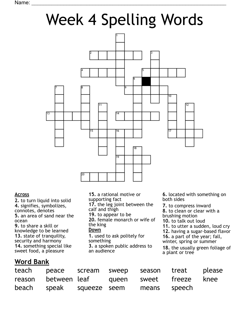 Week 4 Spelling Words Crossword