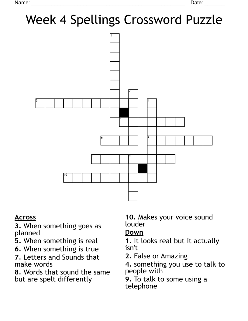 Week 4 Spellings Crossword Puzzle