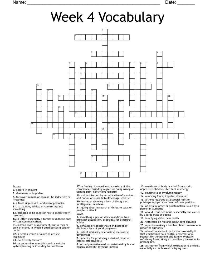 Week 4 Vocabulary Crossword