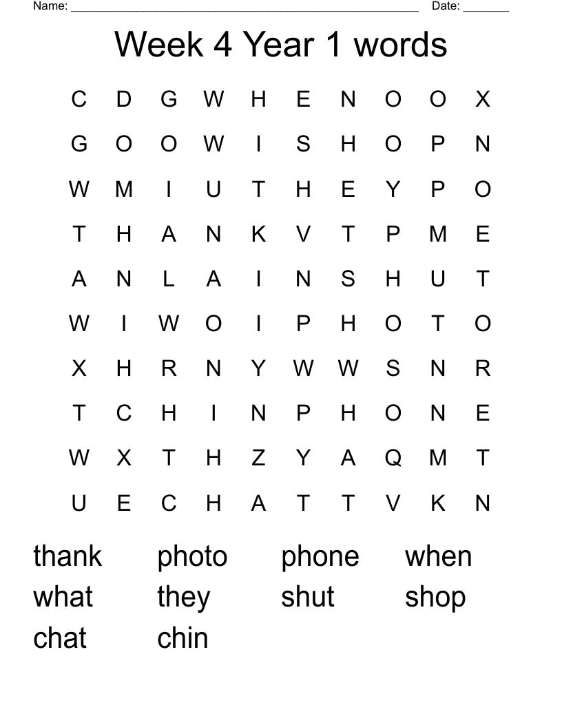Week 4  Year 1 words Word Search