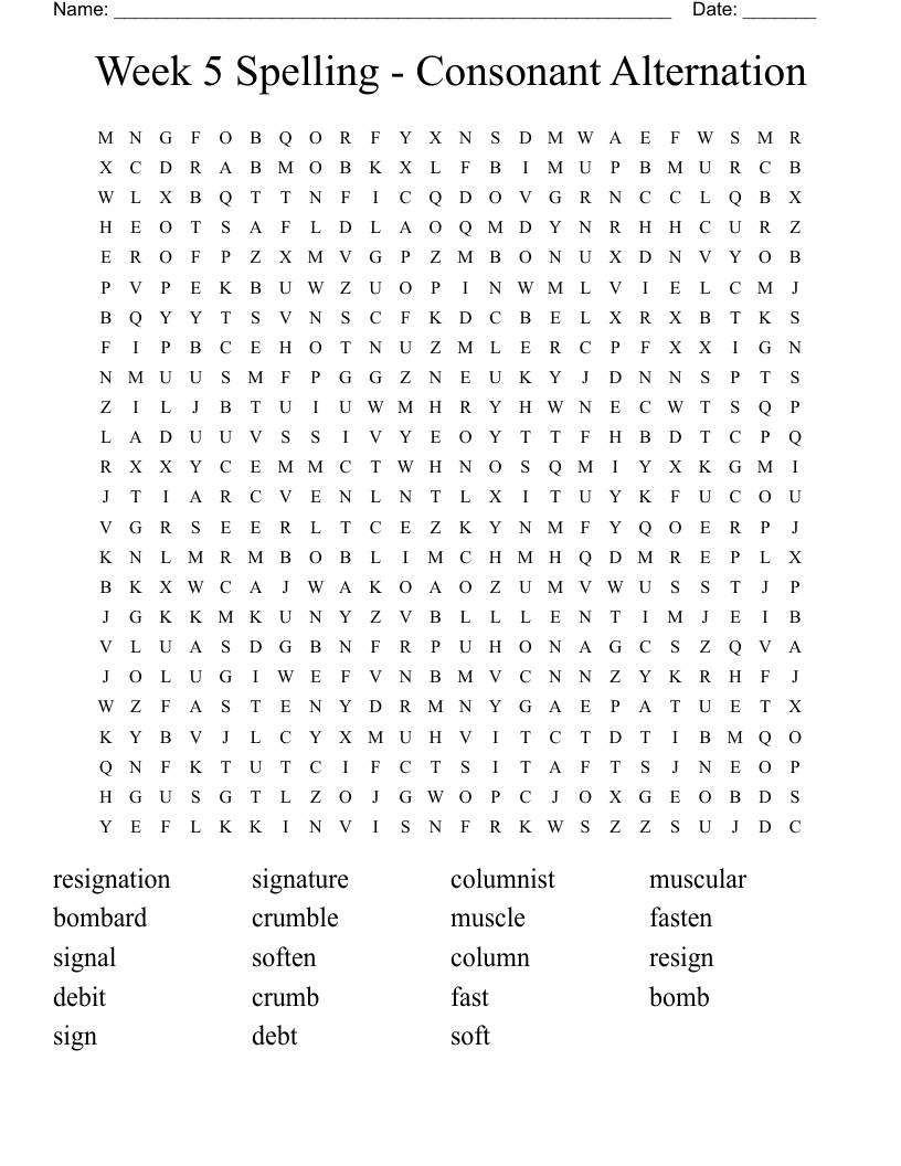 Week 5 Spelling - Consonant Alternation Word Search