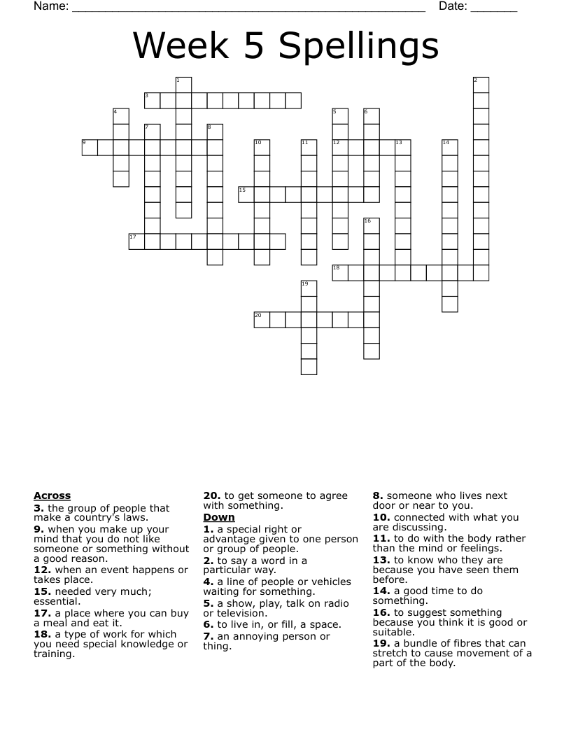 Week 5 Spellings Crossword
