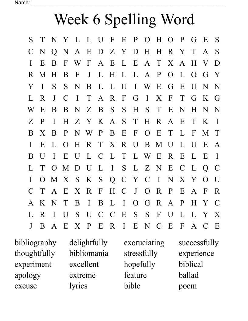 Week 6 Spelling Word Word Search