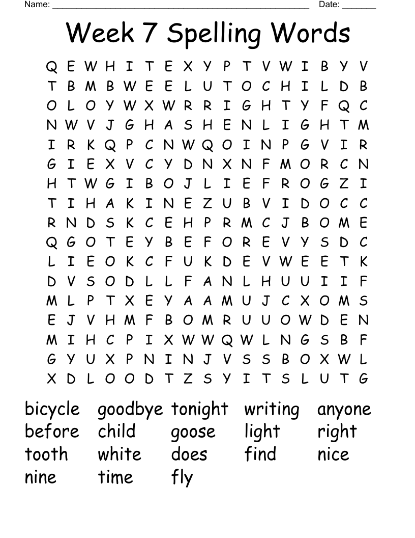 Week 7 Spelling Words Word Search