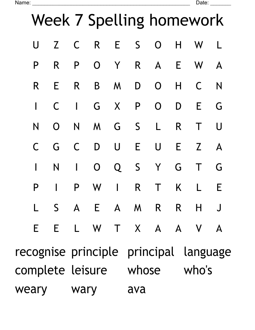Week 7 Spelling homework Word Search