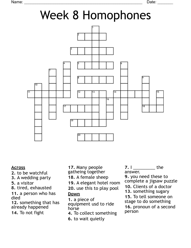 Week 8 Homophones Crossword
