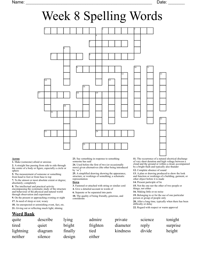 Week 8 Spelling Words Crossword