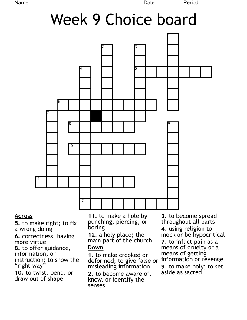 Week 9 Choice board Crossword