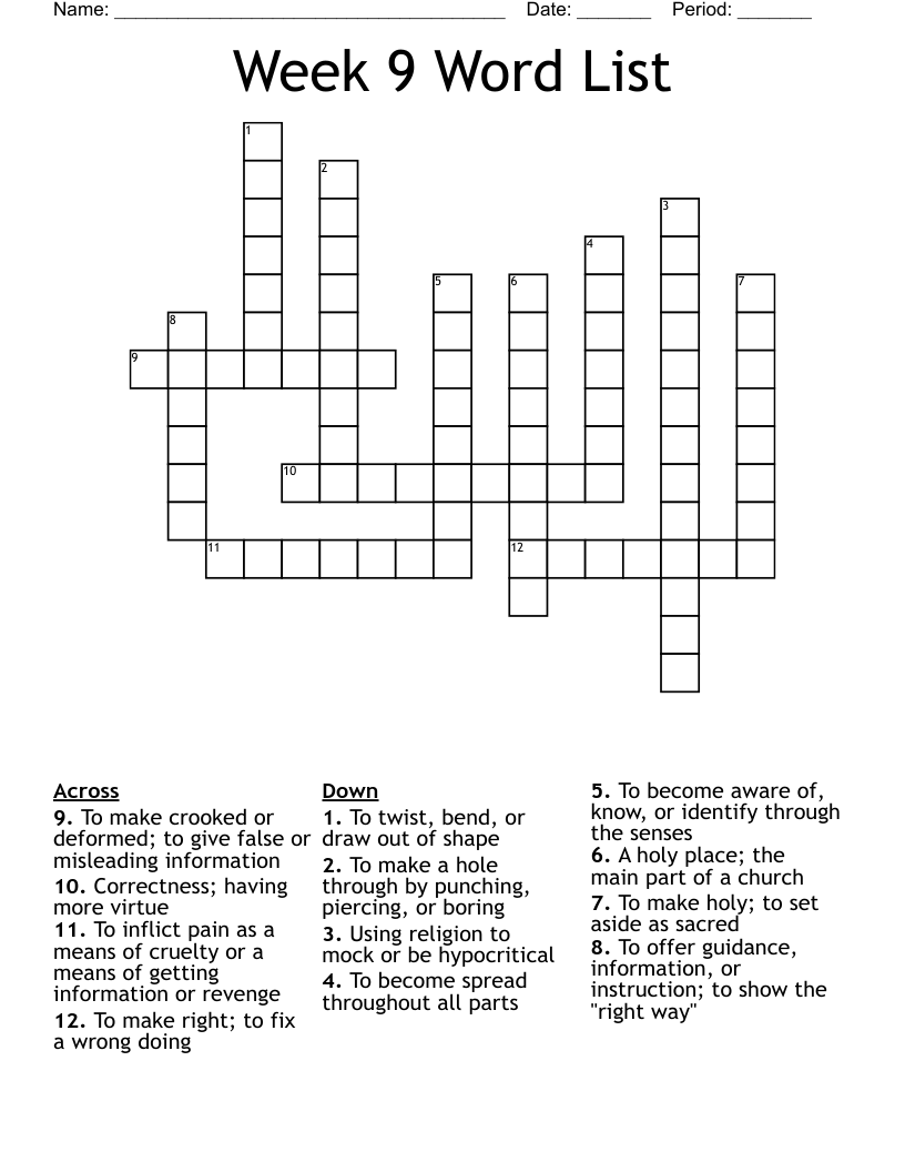 Week 9 Word List Crossword