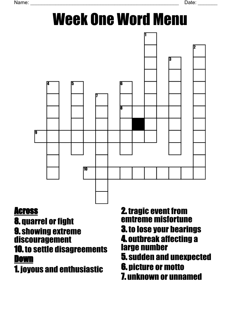 Week One Word Menu Crossword