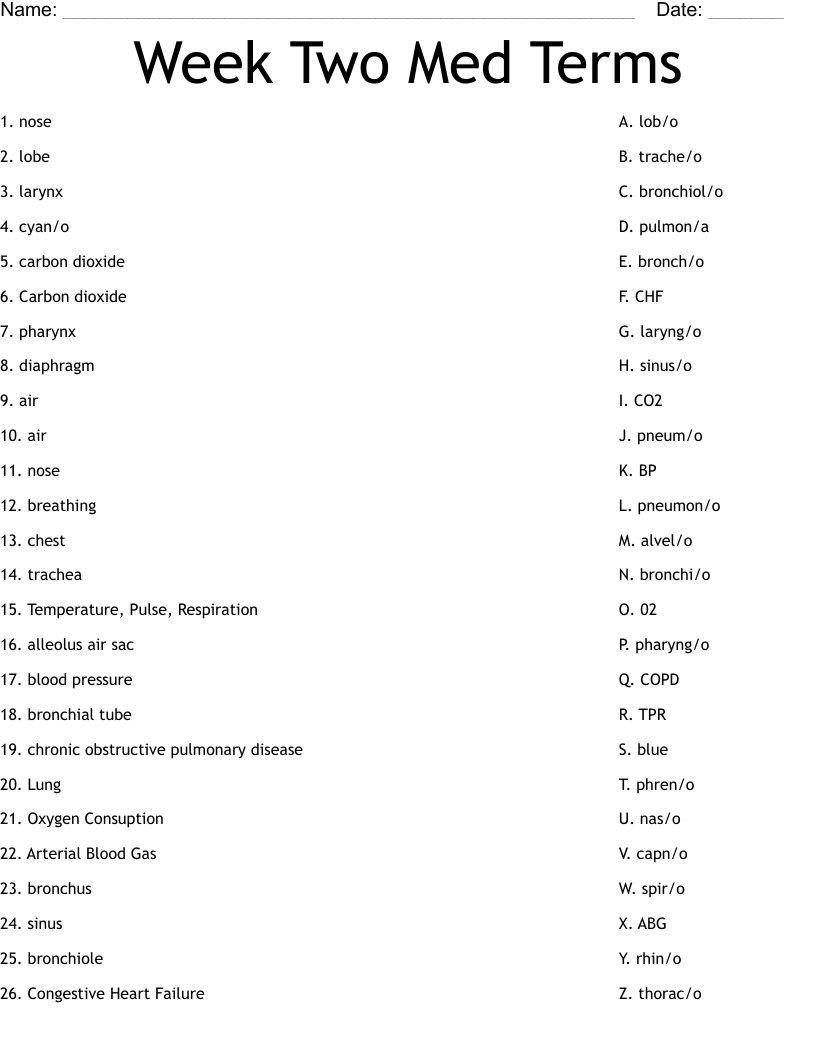 Week Two Med Terms Worksheet