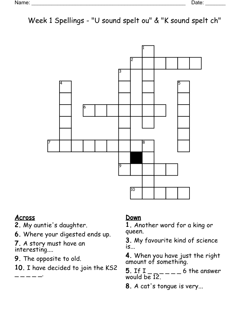 Week  1 Spellings - "U sound spelt ou"  & "K sound spelt ch" Crossword