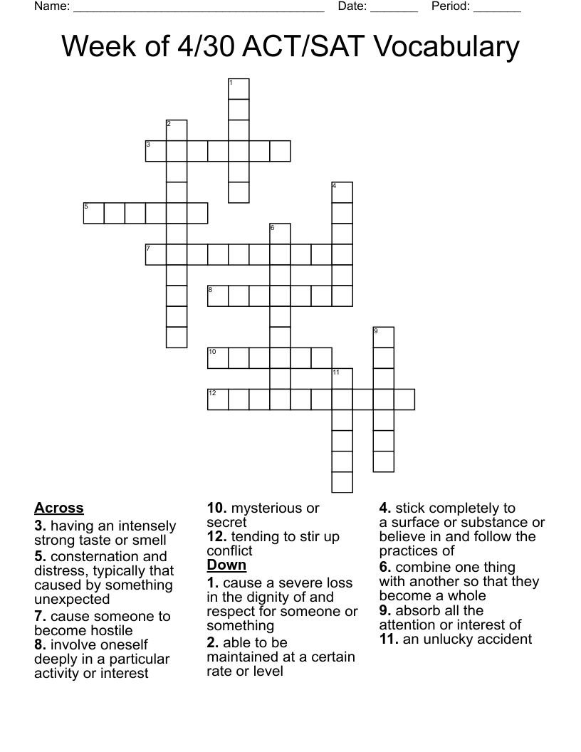 Week of 4/30 ACT/SAT Vocabulary Crossword