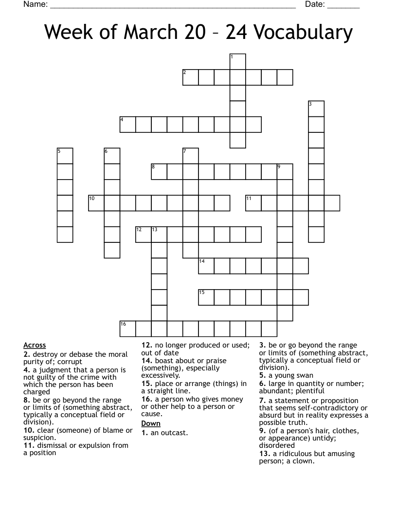 Week of March 20 – 24 Vocabulary  Crossword