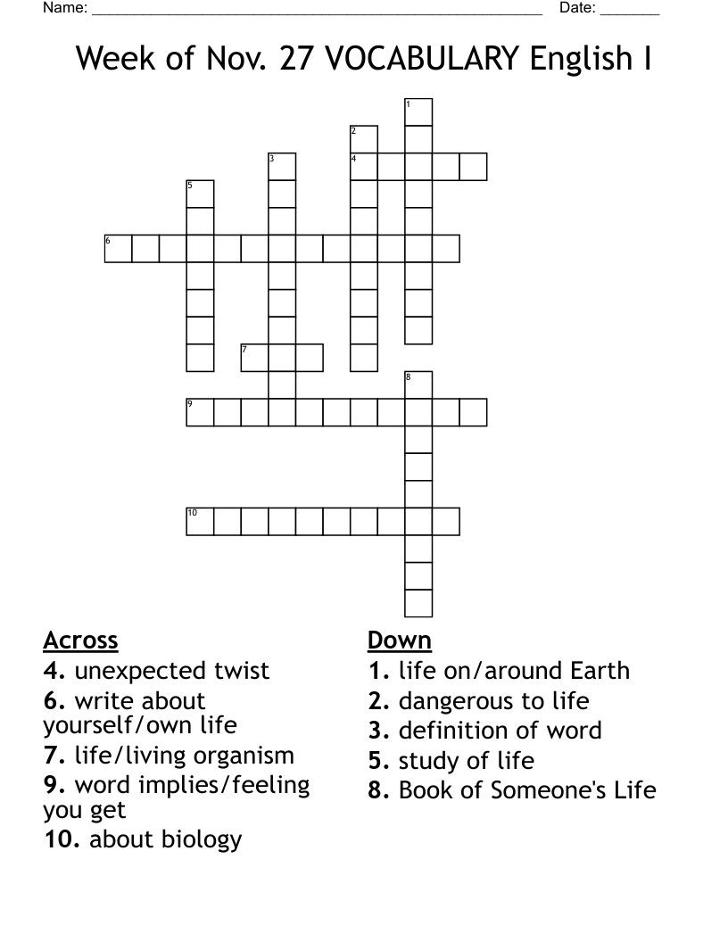 Week of Nov. 27 VOCABULARY English I Crossword