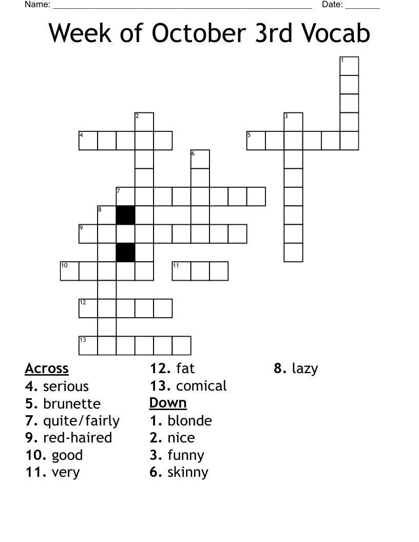 Week of October 3rd Vocab Crossword