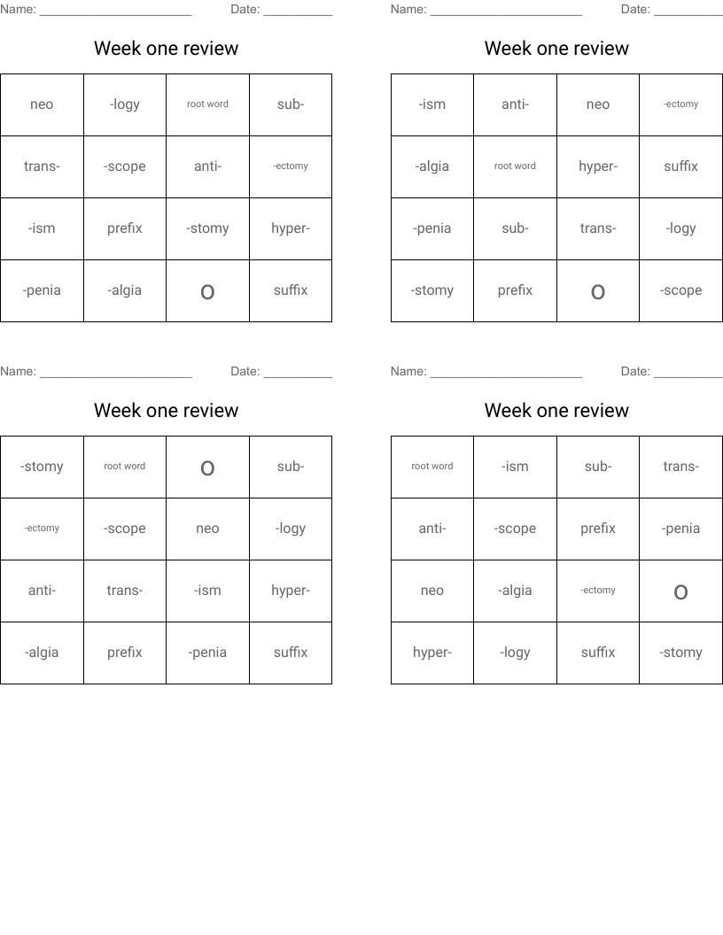 Week one review Bingo Cards