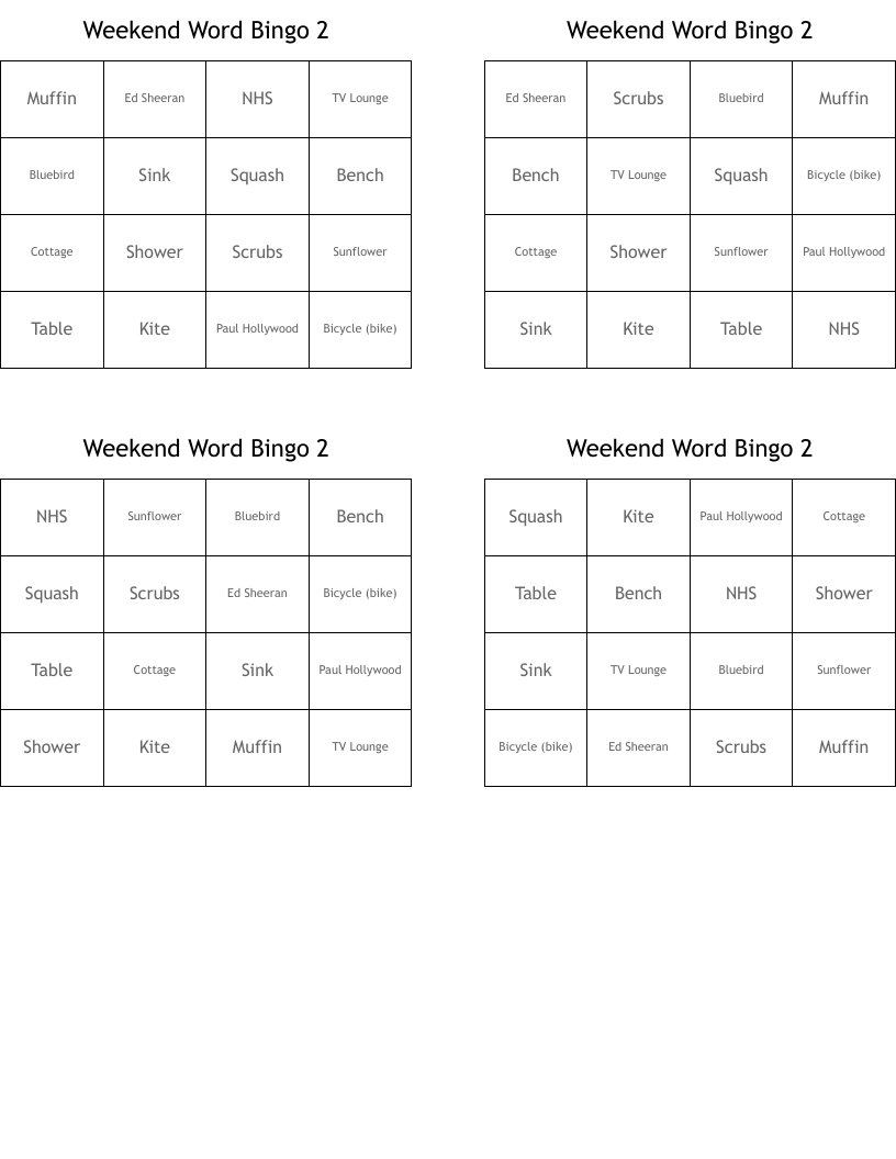 Weekend Word Bingo 2