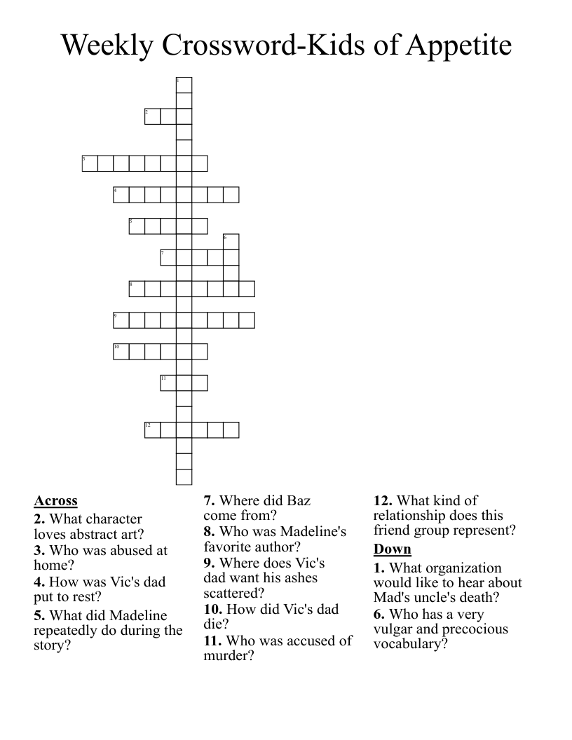 Weekly Crossword-Kids of Appetite