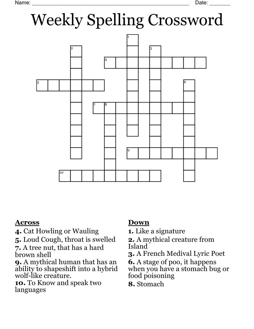 Weekly Spelling Crossword