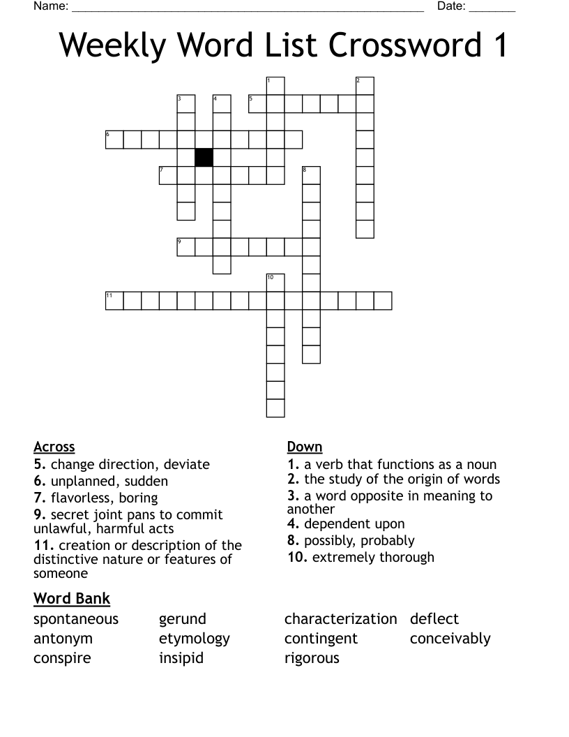 Weekly Word List Crossword 1